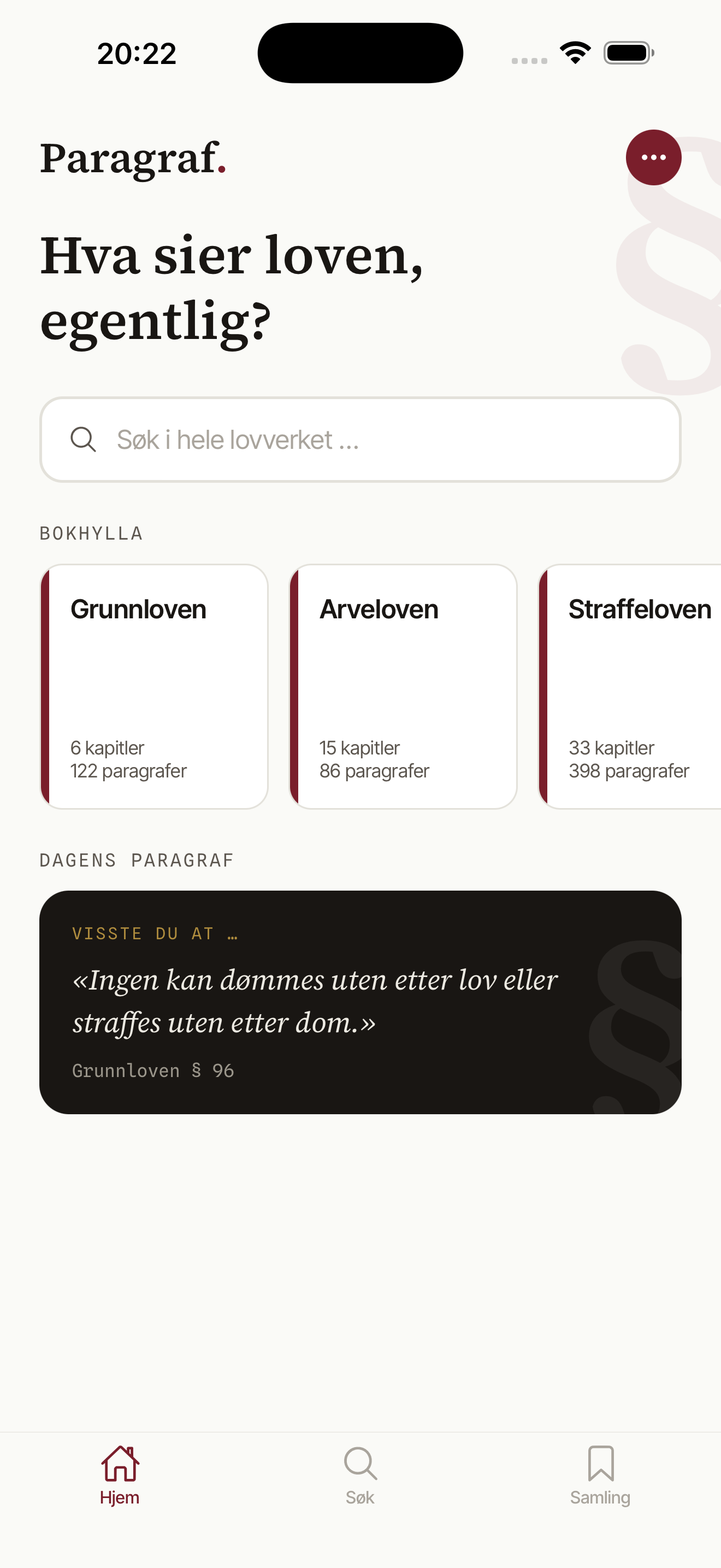 Paragraf – hjemskjerm med bokhylle og dagens paragraf
